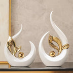 White Gold Ceramic Abstract Art Statue Set of 2 – Handcrafted Resin Sculpture Decor for Living Room, TV Cabinet & Wine Cabinet – Light Luxury Modern Home Decorations Centerpiece