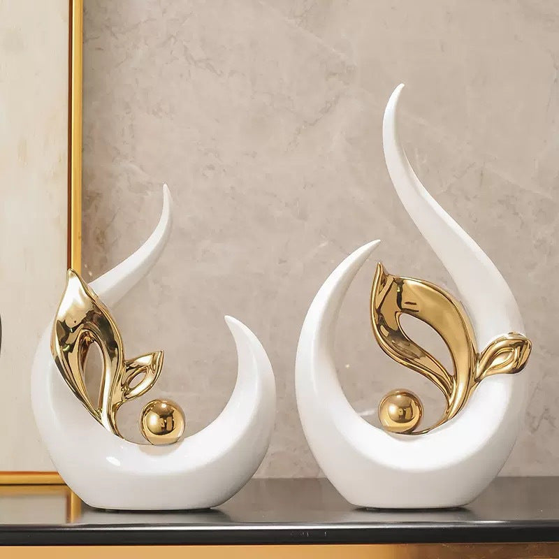 White Gold Ceramic Abstract Art Statue Set of 2 – Handcrafted Resin Sculpture Decor for Living Room, TV Cabinet & Wine Cabinet – Light Luxury Modern Home Decorations Centerpiece