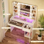 Vanity Desk with Lighted Mirror | 3-Color LED Lights, Multiple Drawers, Open Storage & Power Outlet – White Bedroom Makeup Vanity