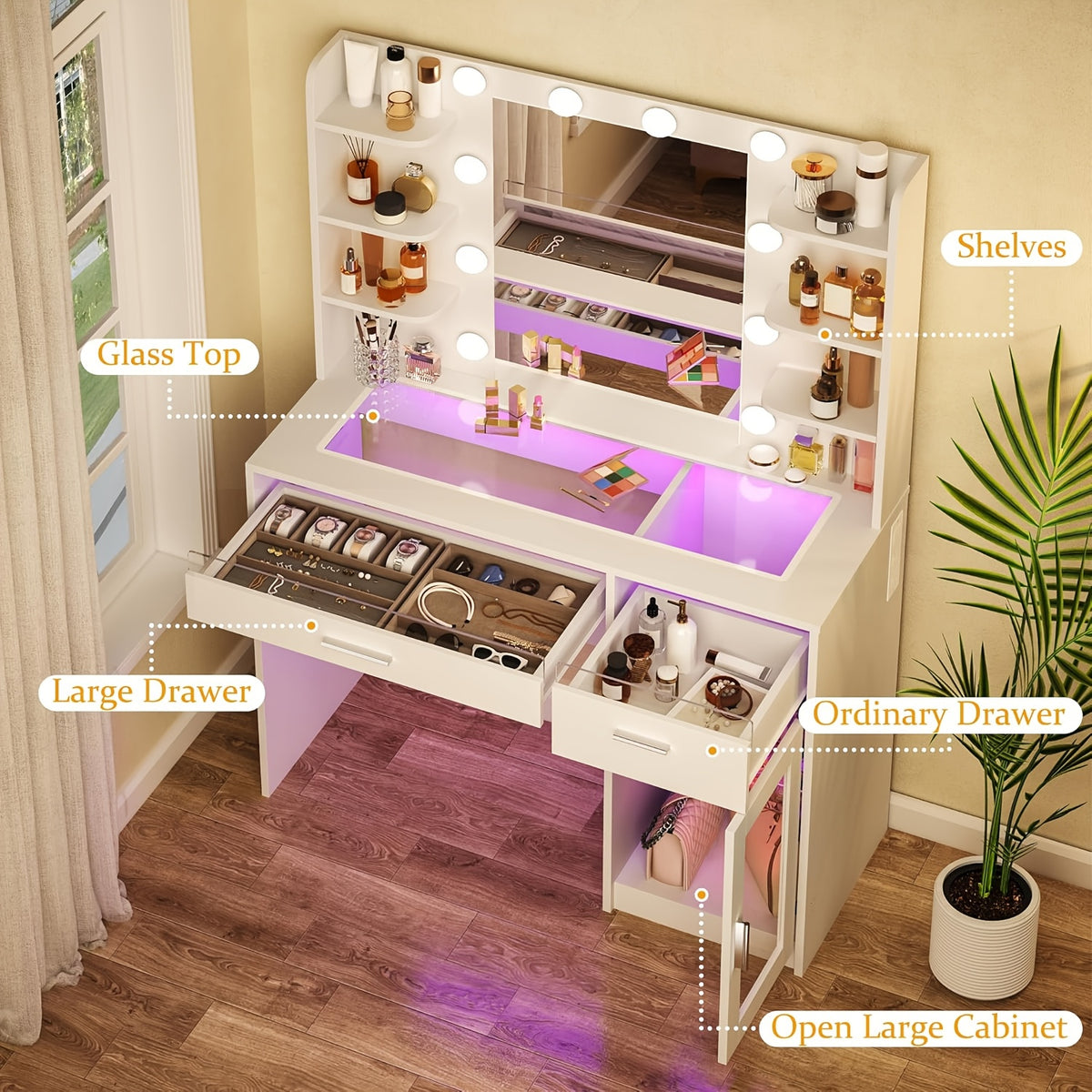 Vanity Desk with Lighted Mirror | 3-Color LED Lights, Multiple Drawers, Open Storage & Power Outlet – White Bedroom Makeup Vanity