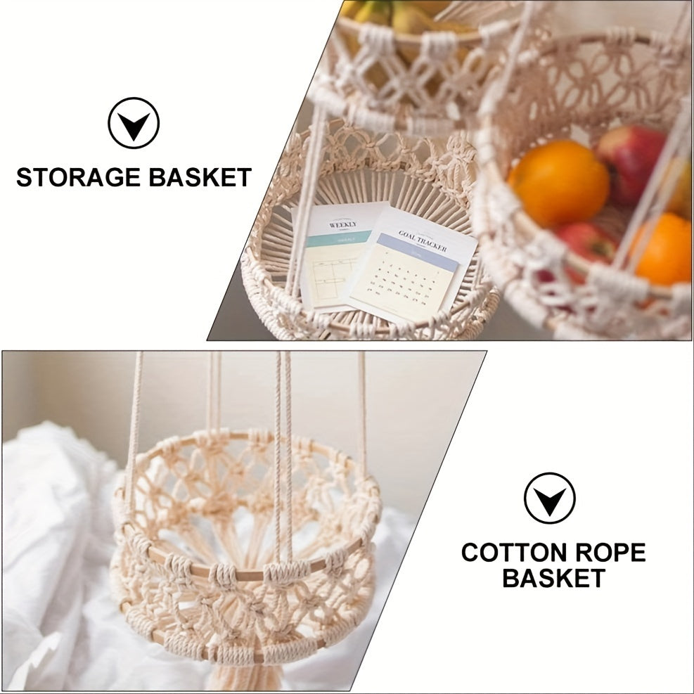 Macrame Hanging Fruit Basket 1/2/3-Tier Boho Wall Storage – Bohemian Hanging Basket for Fruits, Vegetables & Indoor Plants, Kitchen & Home Decor