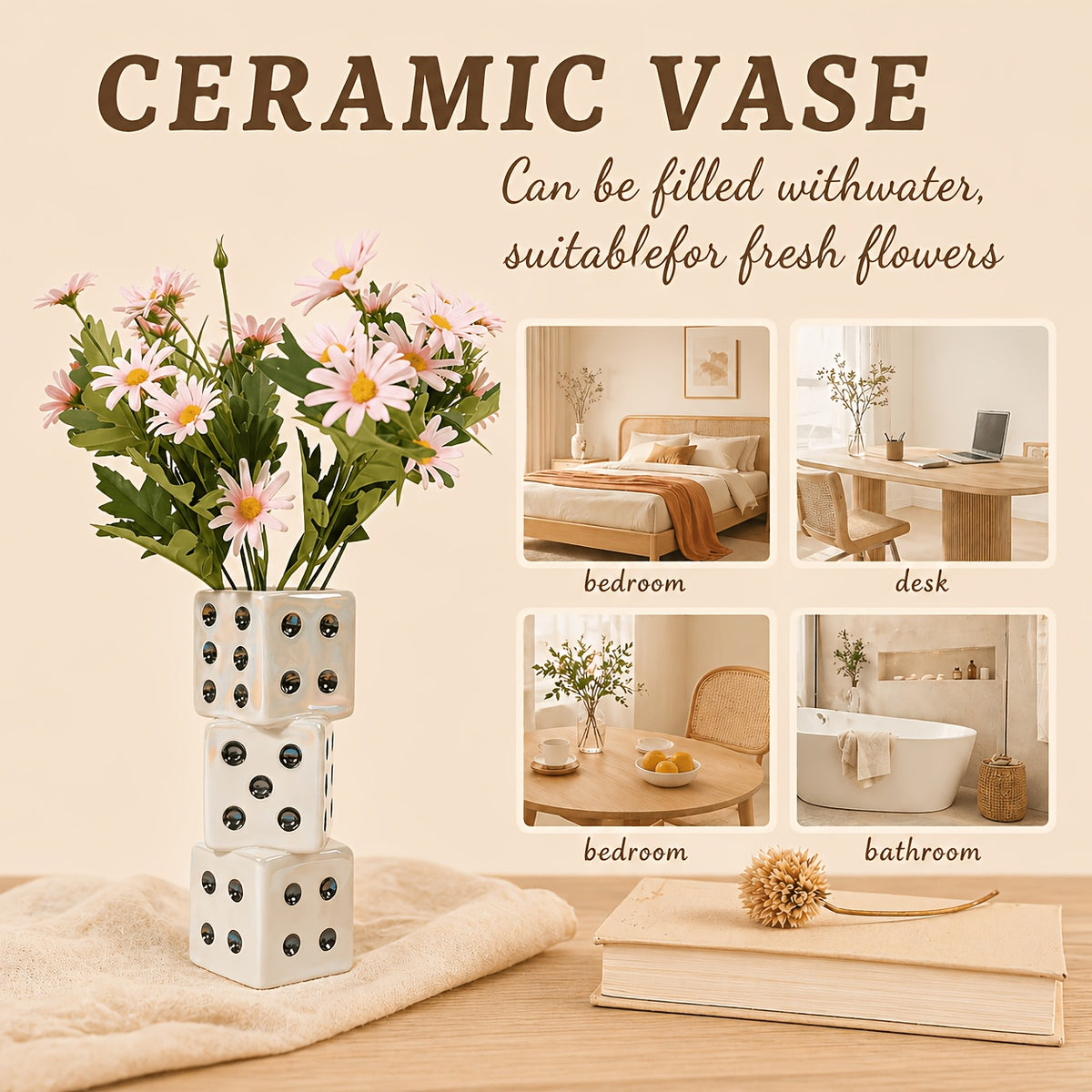 Ceramic Dice Vase Handmade Unique Decorative Vase for Dried Flowers Roses Pampas Grass Modern Home Decor Gift
