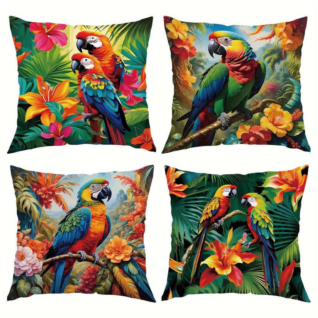 Tropical Parrot Floral Throw Pillow Covers 4 Pack 18x18 Inch Vibrant Botanical Print Zipper Soft Polyester Machine Washable for Bedroom Living Room Office