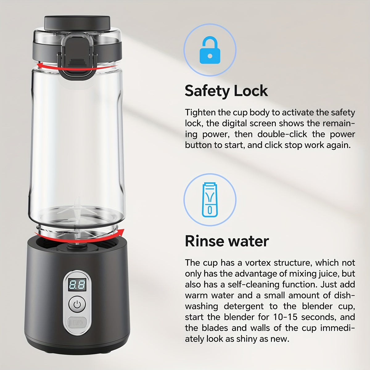 Portable Blender USB-C Rechargeable 6-Blade Stainless Steel – Ice Crush Smoothie Maker with Digital Timer, Battery Display & No-Spill Lid for Gym, Travel & Protein Shakes, Pink or White