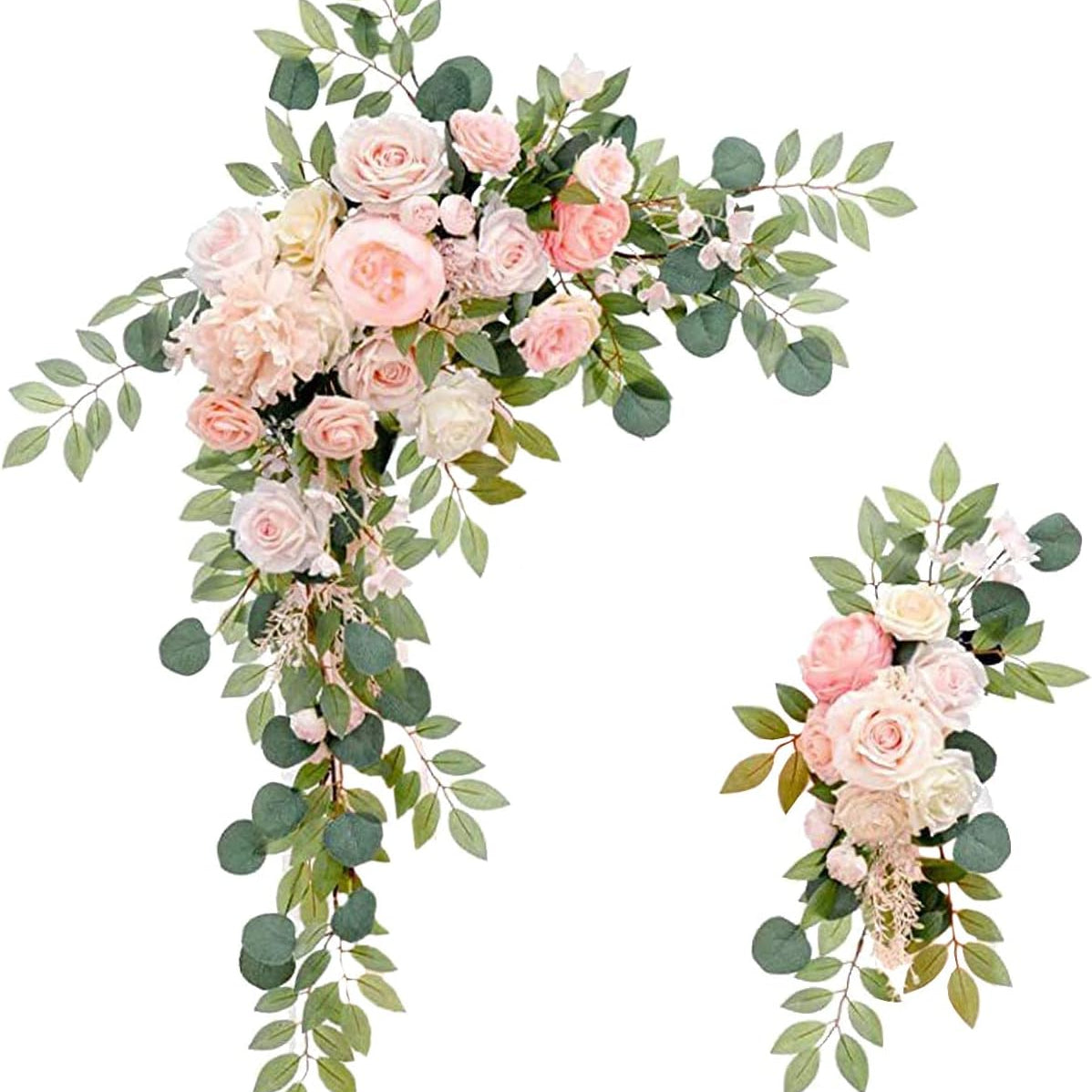 Artificial Wedding Arch Flower Garland Set with Peonies & Eucalyptus, Faux Floral Swag for Wedding Backdrop, Party, Bridal Shower, Mother's Day & Valentine's Day Decoration, Pink or Blue White