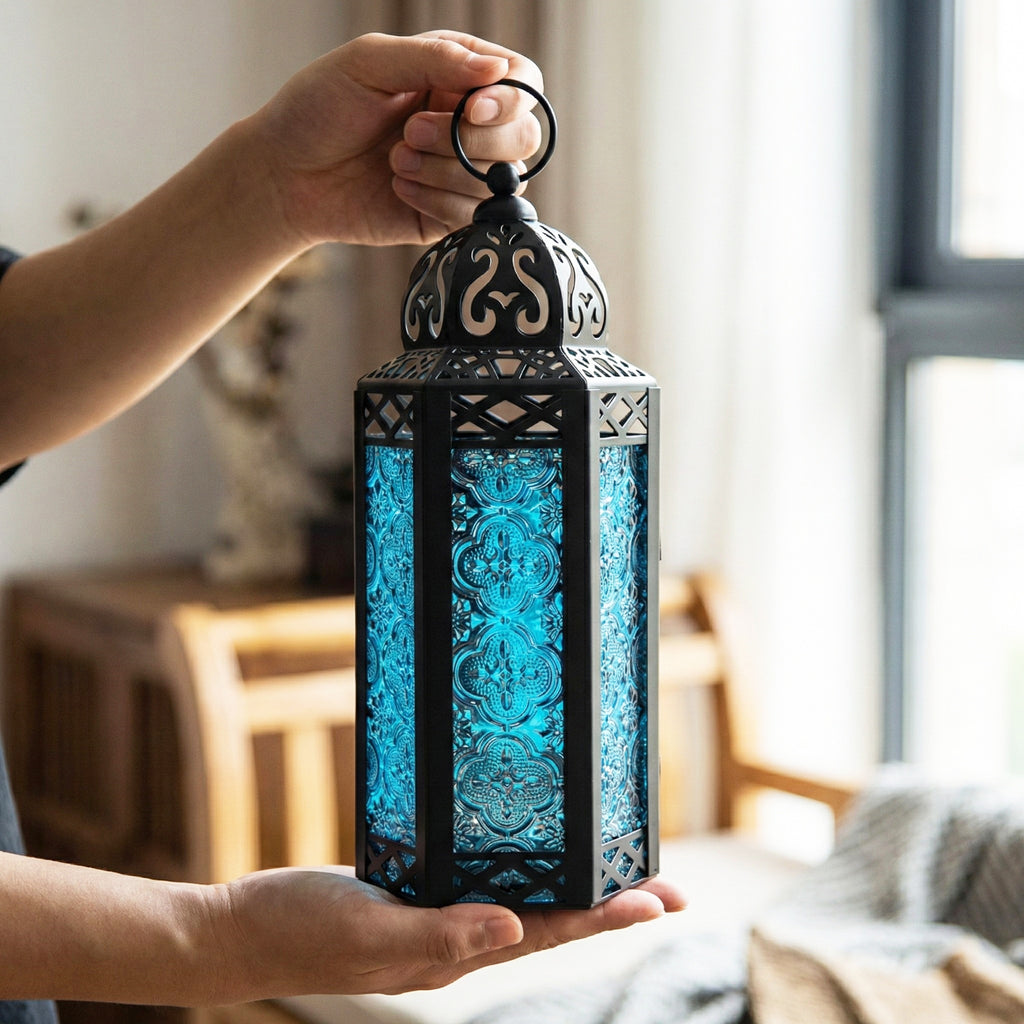 Moroccan Candle Lantern Holder Medium 10.5 Inch – Handcrafted Glass Iron Metal Lantern with Embossed Floral Panels, 17 Colors, Indoor Outdoor Use for Ramadan, Wedding, Patio, Diwali & Home Decor