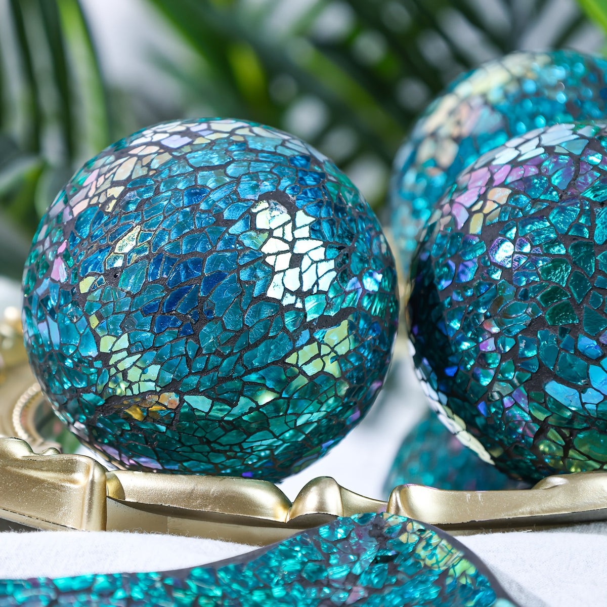 Decorative Glass Balls for Bowls Set of 3 with Glass Tray 3-Inch Bowl Fillers Centerpiece Table Decorations for Home Living Room Dining Coffee Table Silver Turquoise Black