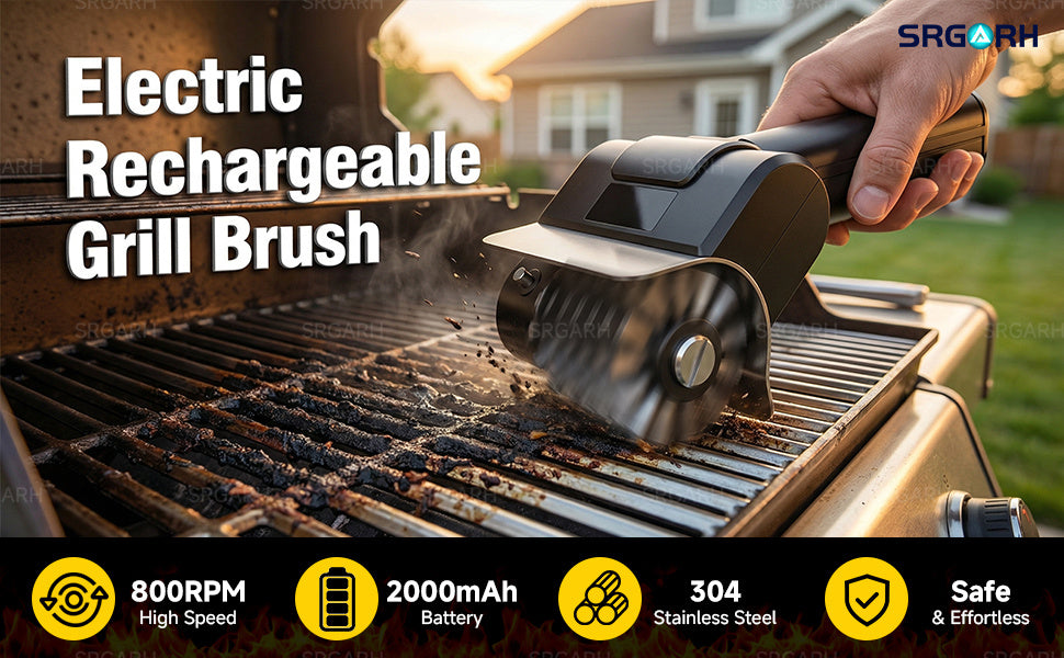 Cordless Electric Grill Brush – 800 RPM Rotating BBQ Cleaning Tool, 2000mAh Rechargeable, 304 Stainless Steel Bristles, Includes Replacement Head & Gloves, Portable Outdoor Grill Scrubber