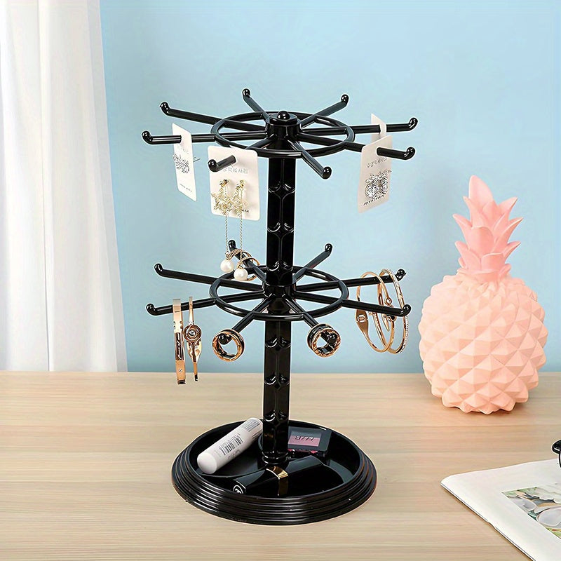 Rotating Jewelry Stand 2-Tier Black Plastic Necklace Bracelet Earring Keychain Hanging Organizer Display Rack for Dressing Table Counter – 360° Spinning Tabletop Jewelry Tower Holder