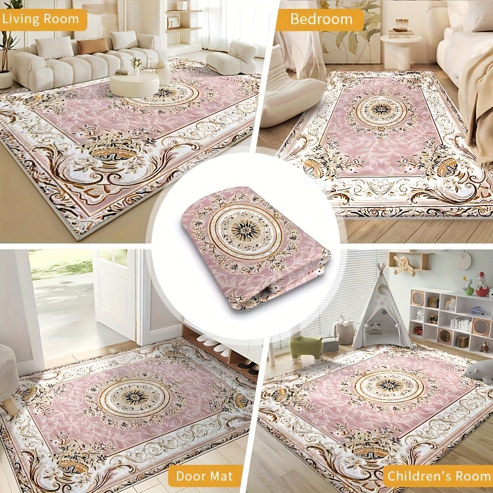 Luxury Velvet Floral Area Rug 852GSM Low Pile Machine Washable Non-Slip Vintage Checkered Design for Bedroom Living Room Dining Office 5 Sizes