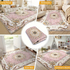 Luxury Velvet Floral Area Rug 852GSM Low Pile Machine Washable Non-Slip Vintage Checkered Design for Bedroom Living Room Dining Office 5 Sizes