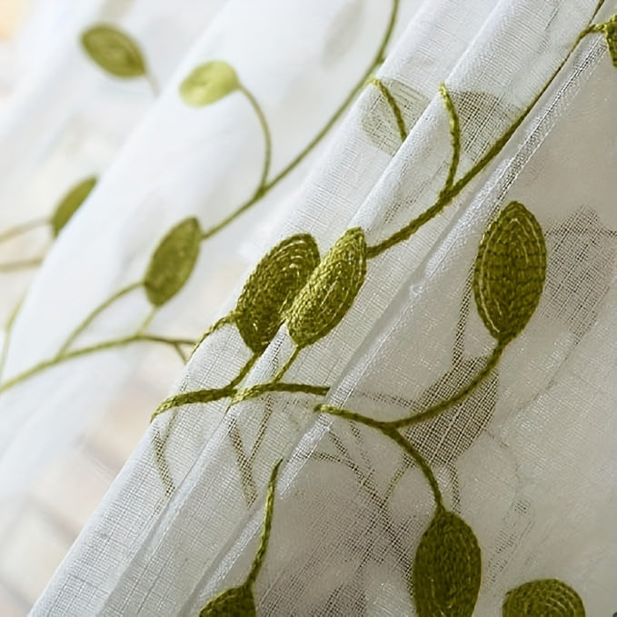 Ivy Leaf Embroidery Sheer Curtains Set of 2, White Gauze Green Botanical Rod Pocket Panels for Living Room Bedroom, 3 Sizes