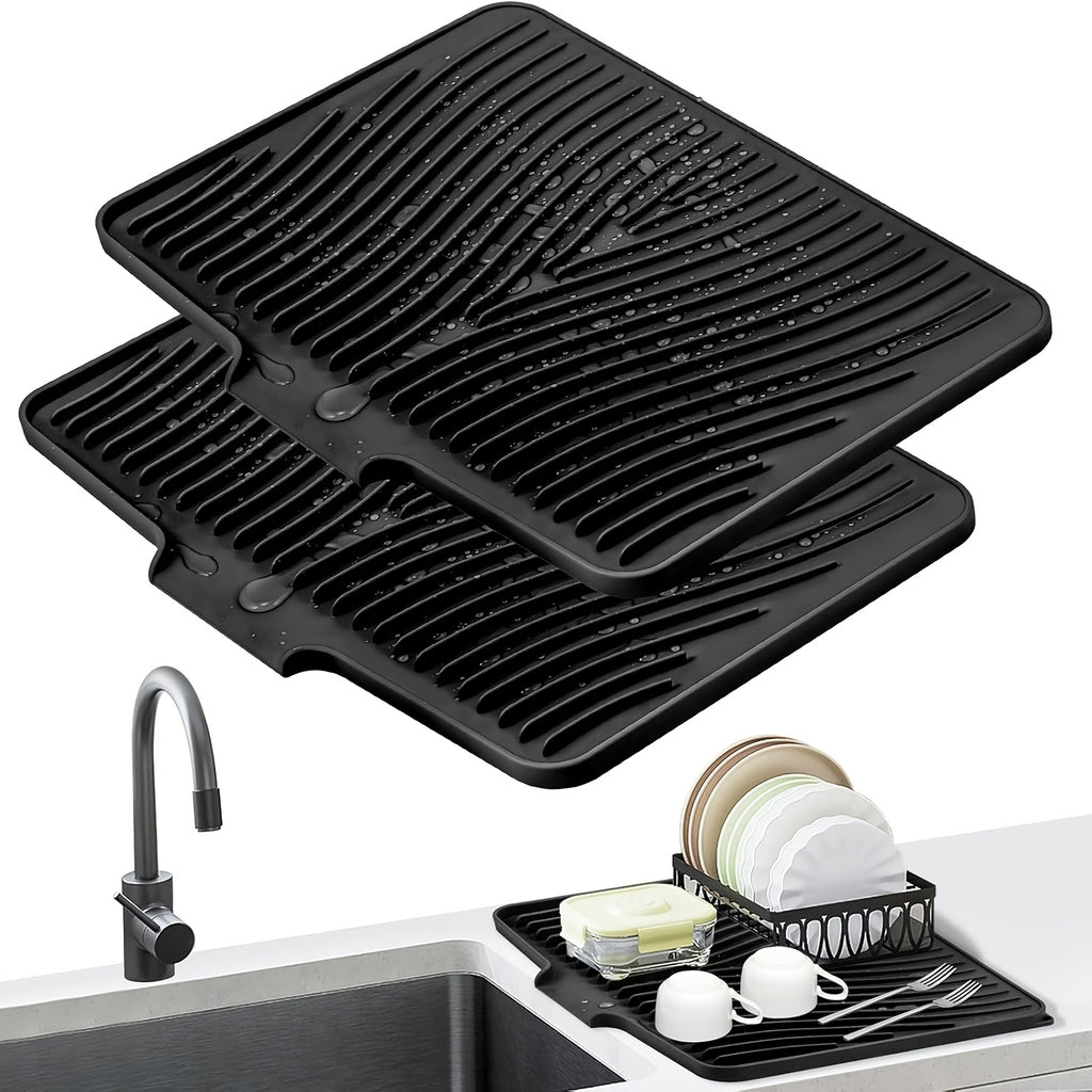 Large Silicone Dish Drying Mat & Drain Pad 34.5x19in – Slope Drainage Design, Heat Resistant, Countertop Protector for Kitchen & Bathroom