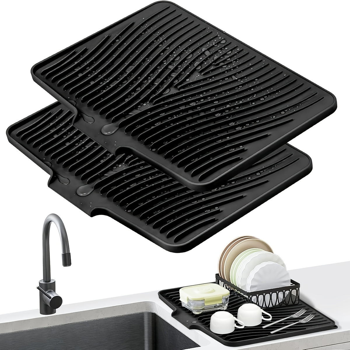 Large Silicone Dish Drying Mat & Drain Pad 34.5x19in – Slope Drainage Design, Heat Resistant, Countertop Protector for Kitchen & Bathroom