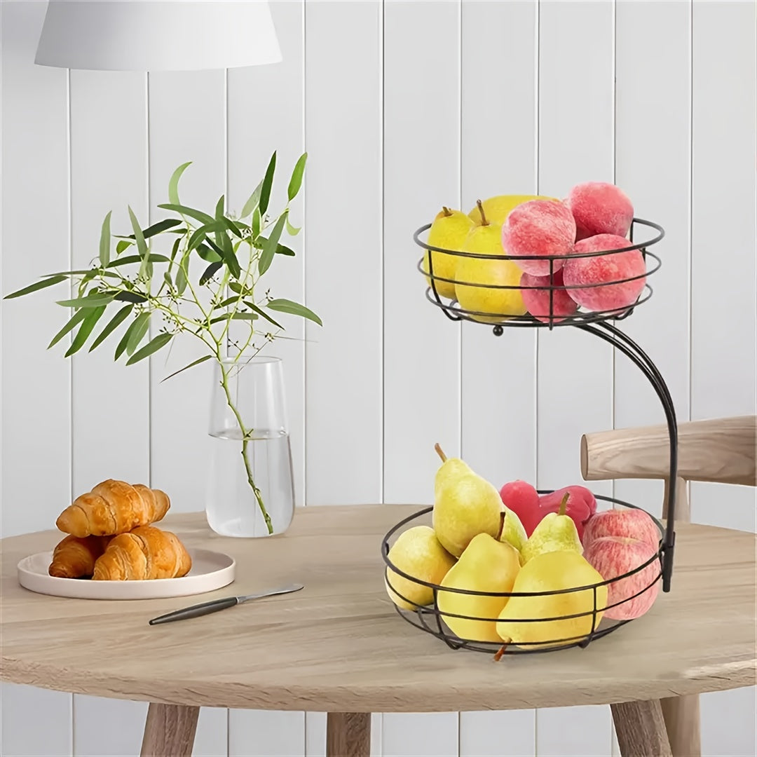 2-Tier Countertop Fruit & Vegetable Basket Bowl Rack with Banana Hooks – Space-Saving Kitchen Storage for Fruits, Vegetables, Bread & Snacks