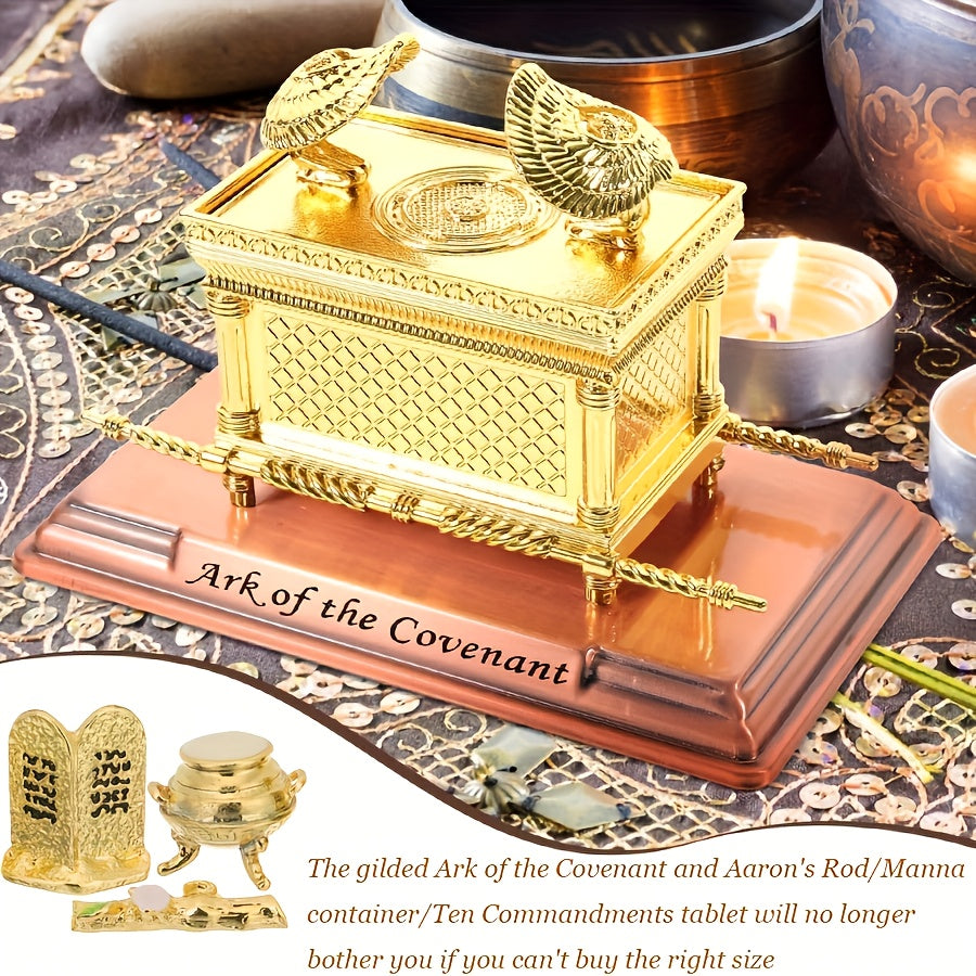 Metal Ark of the Covenant Statue Decoration Set with Aaron's Staff, Manna Bowl & Ten Commandments Plate – Biblical Figurine Gift for Hanukkah, Christmas, Birthday & Anniversary