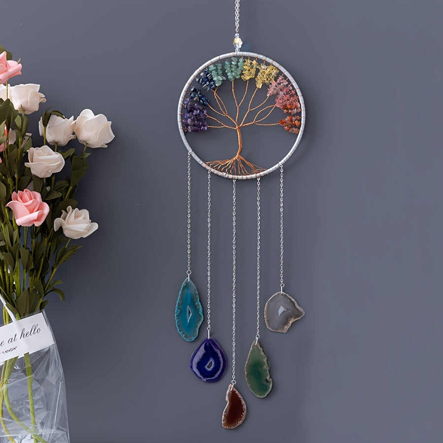 Crystal Dream Catcher Wind Chime Wall Art Handmade Rainbow Beads Tree Motif Boho Wall Hanging for Living Room Bedroom Wedding Christmas Gift