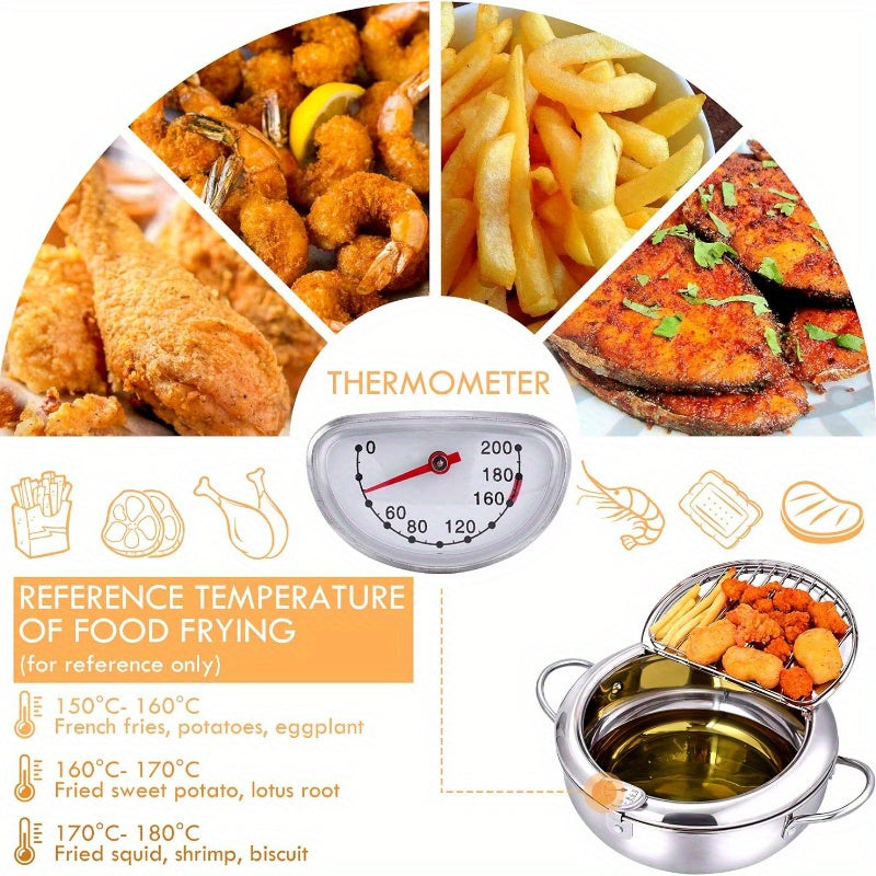 Deep Fryer Pot 304 Stainless Steel Japanese Tempura Frying Pot with Oil Drain Rack, Temperature Control & Lid - Stovetop & Induction Compatible for French Fries, Chicken, Donuts - Home Kitchen