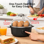 Electric Egg Cooker 7-Egg Capacity Rapid Egg Boiler with Musical Buzzer & Overheat Protection - Hard Soft Medium Boiled Eggs, Egg Poacher & Mini Food Steamer - Easy Clean, Black