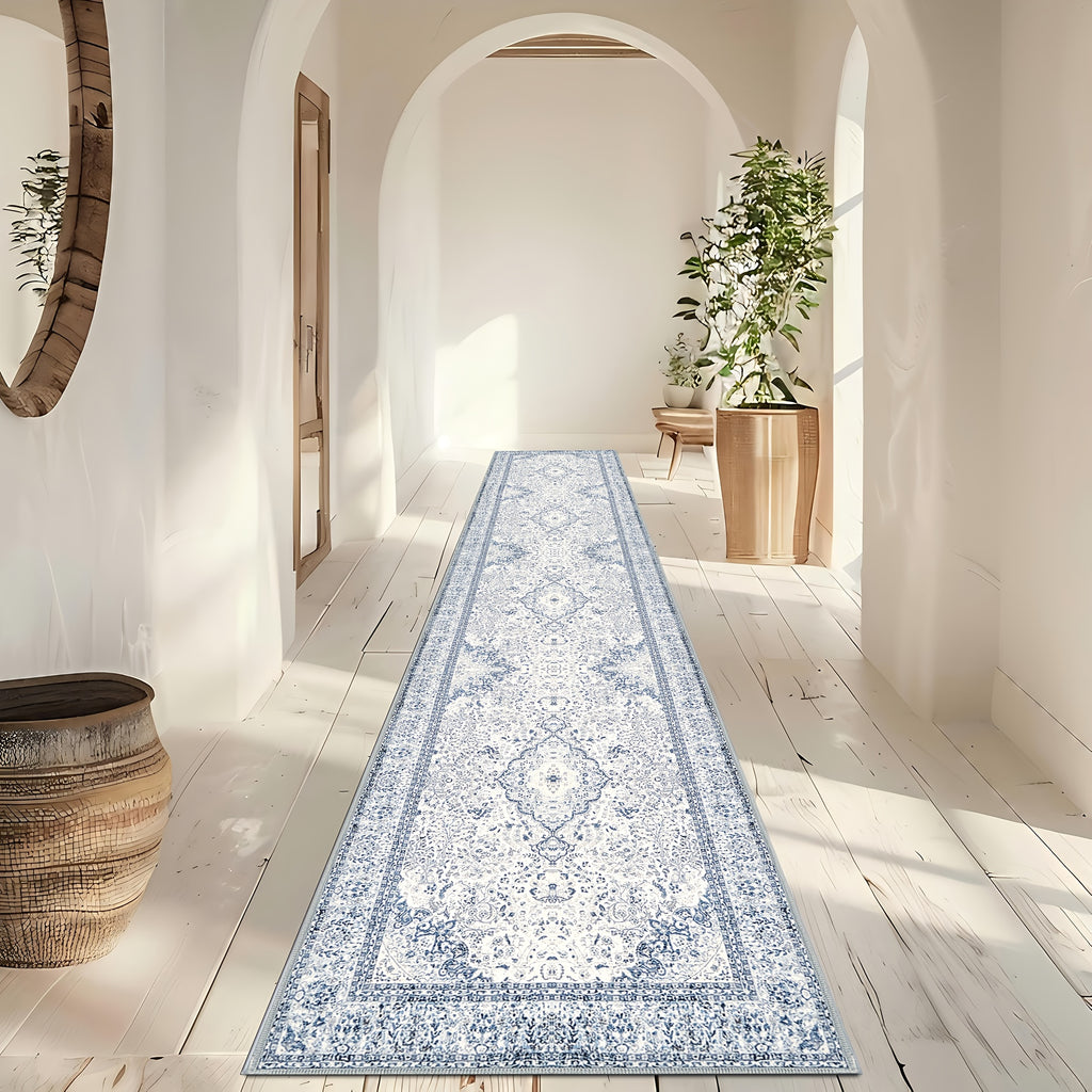 Vintage Blue & White Porcelain Runner Rug – Washable, Non-Slip, Low Pile | Hallway, Kitchen & Entryway | 5 Sizes | Nuvia Haven