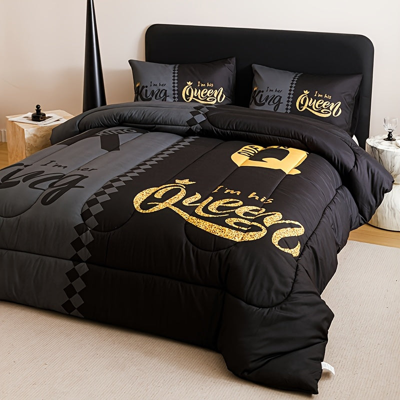 3-Piece Comforter Set Black Grey Color Block Crown Letter Print, Soft Breathable 180GSM Quilted Bedding Set with 2 Pillowcases, Digital Printing, Twin Full Queen King for Bedroom & Dorm