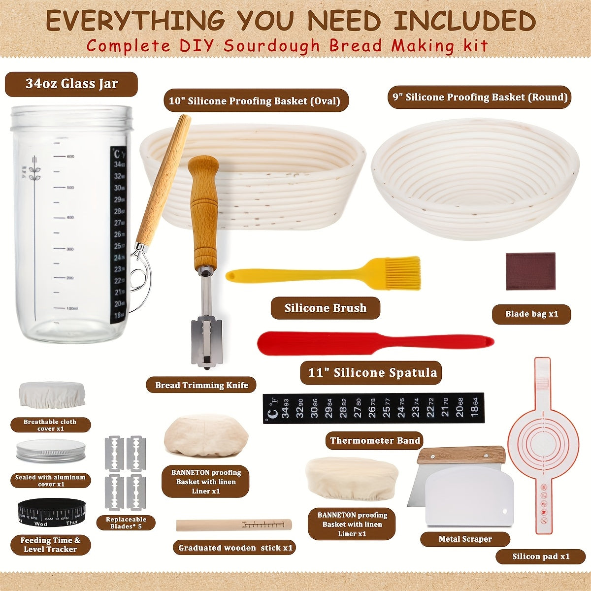 Sourdough Bread Baking Kit with Banneton Proofing Basket Set - Complete Starter Supplies Including Oval & Round Proofing Baskets, Sourdough Starter Jar, Baking Tools & Utensils for Home Bakers