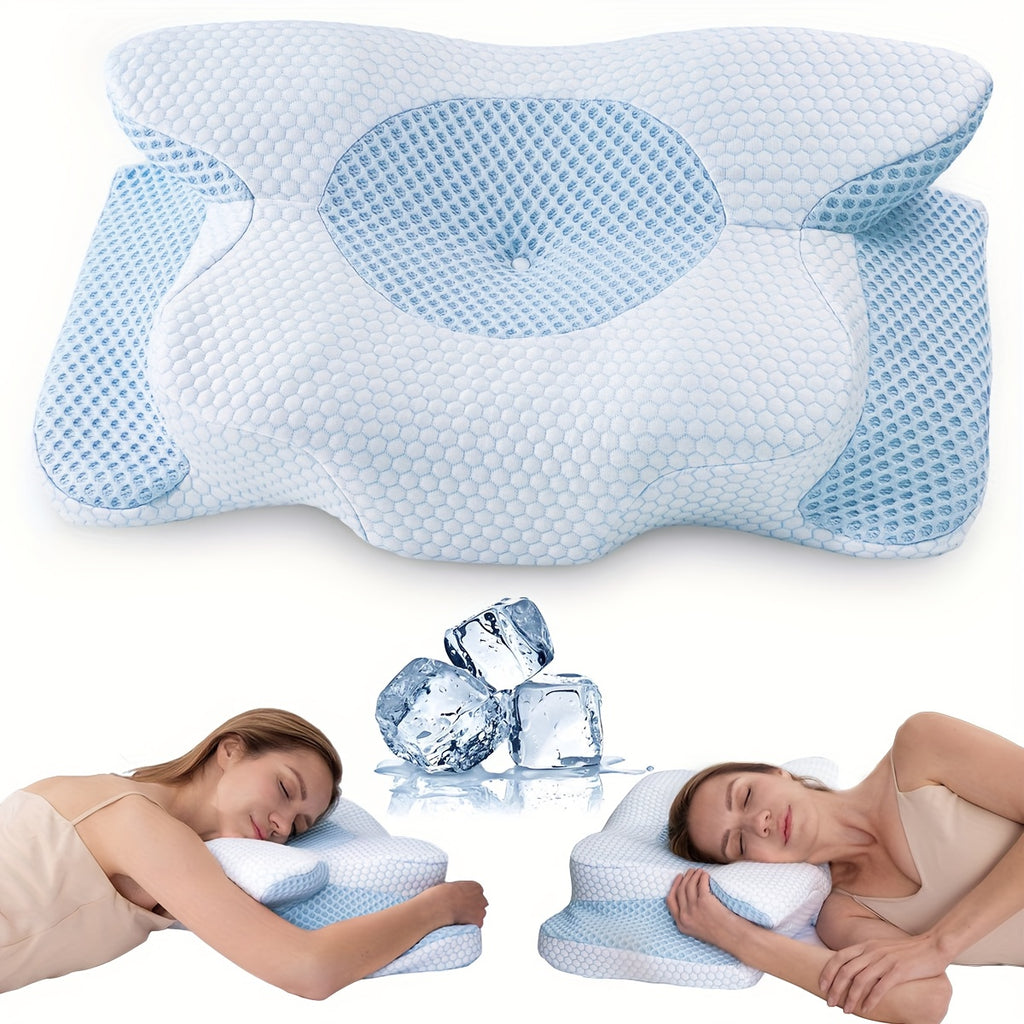Cooling Neck Pillow Ergonomic Contour Support - Viscose Fill Breathable Cooling Cover, High-Loft Cervical Pillow for Side & Back Sleepers, Blue & Grey