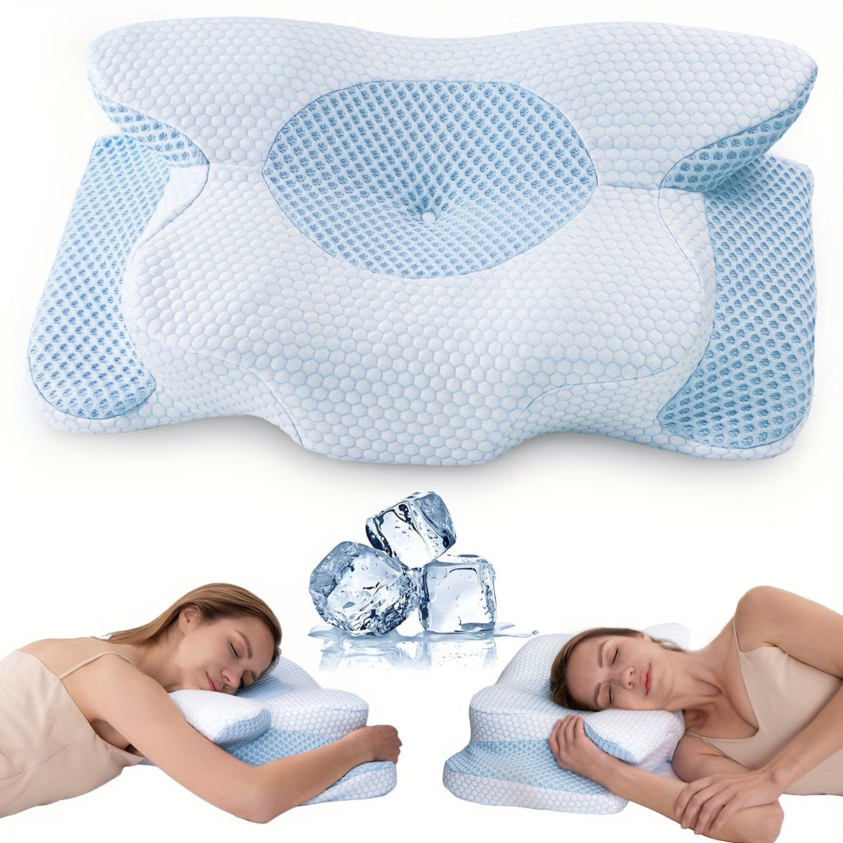 Cooling Neck Pillow Ergonomic Contour Support - Viscose Fill Breathable Cooling Cover, High-Loft Cervical Pillow for Side & Back Sleepers, Blue & Grey