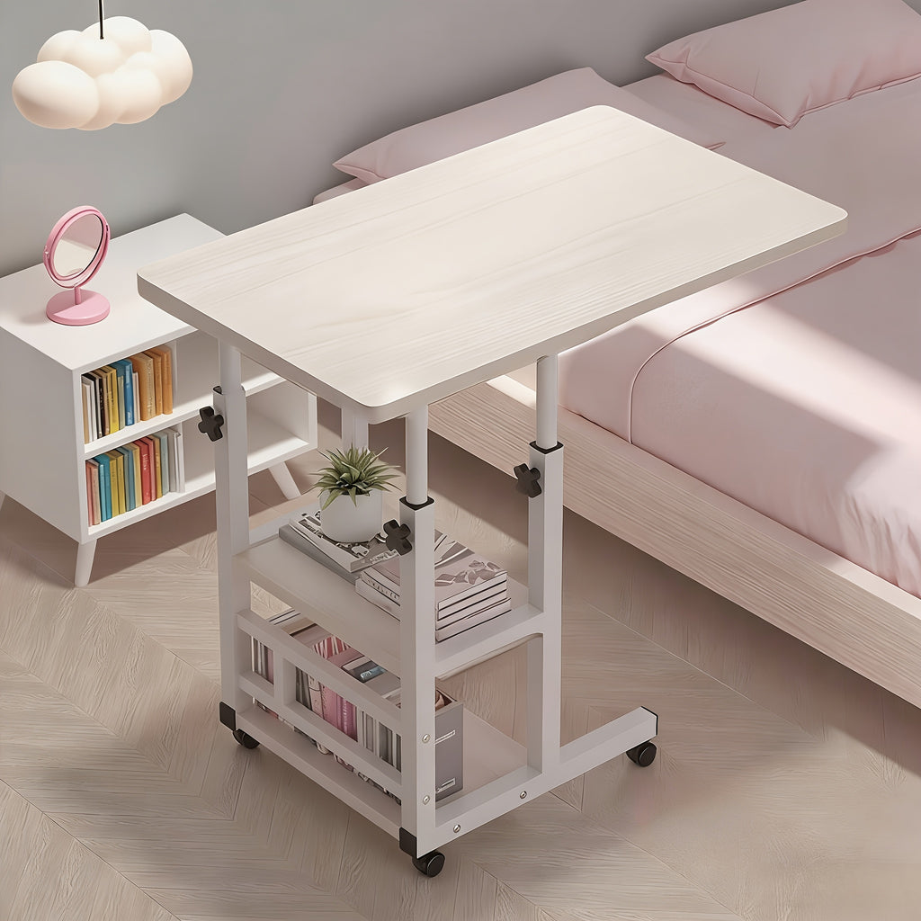 Rolling Over-Bed Table with 2-Layer Storage Rack | Mobile Bedside & Sofa Laptop Table, Solid Metal Frame, Smooth Wheels, Space-Saving Design – Multiple Colors