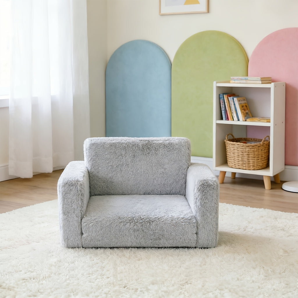 Kids Sofa Chair 2-in-1 Convertible Recliner – Soft Plush Velvet with Storage Pocket & Armrest Pockets, Folding Lounge Chair for Boys & Girls | Pink, Grey & White