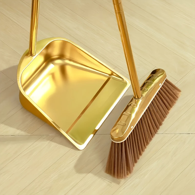 Golden Stainless Steel Broom and Dustpan Set – Standing Upright Floor Sweeper for Home, Office, Patio, Garden & Restaurant