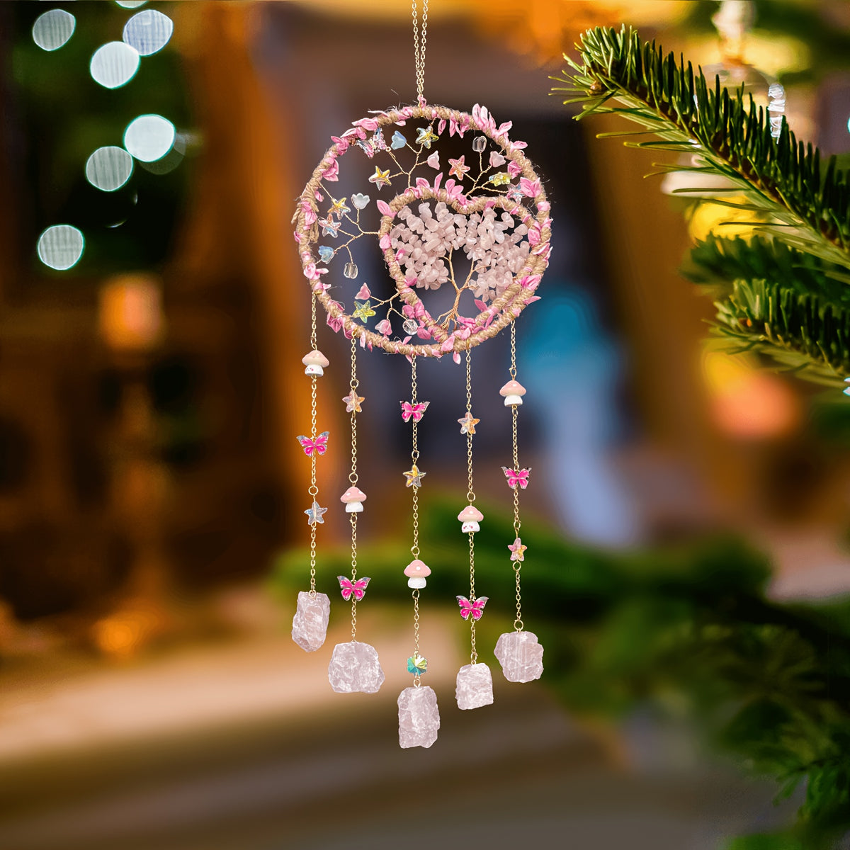 Bohemian Crystal Wall Hanging Decoration – Handmade Stone Beads, Colorful Gemstones, Heart & Circular Crystal Pendant Wind Chime – Boho Wall Decor Gift for Christmas, Mother’s Day & Thanksgiving