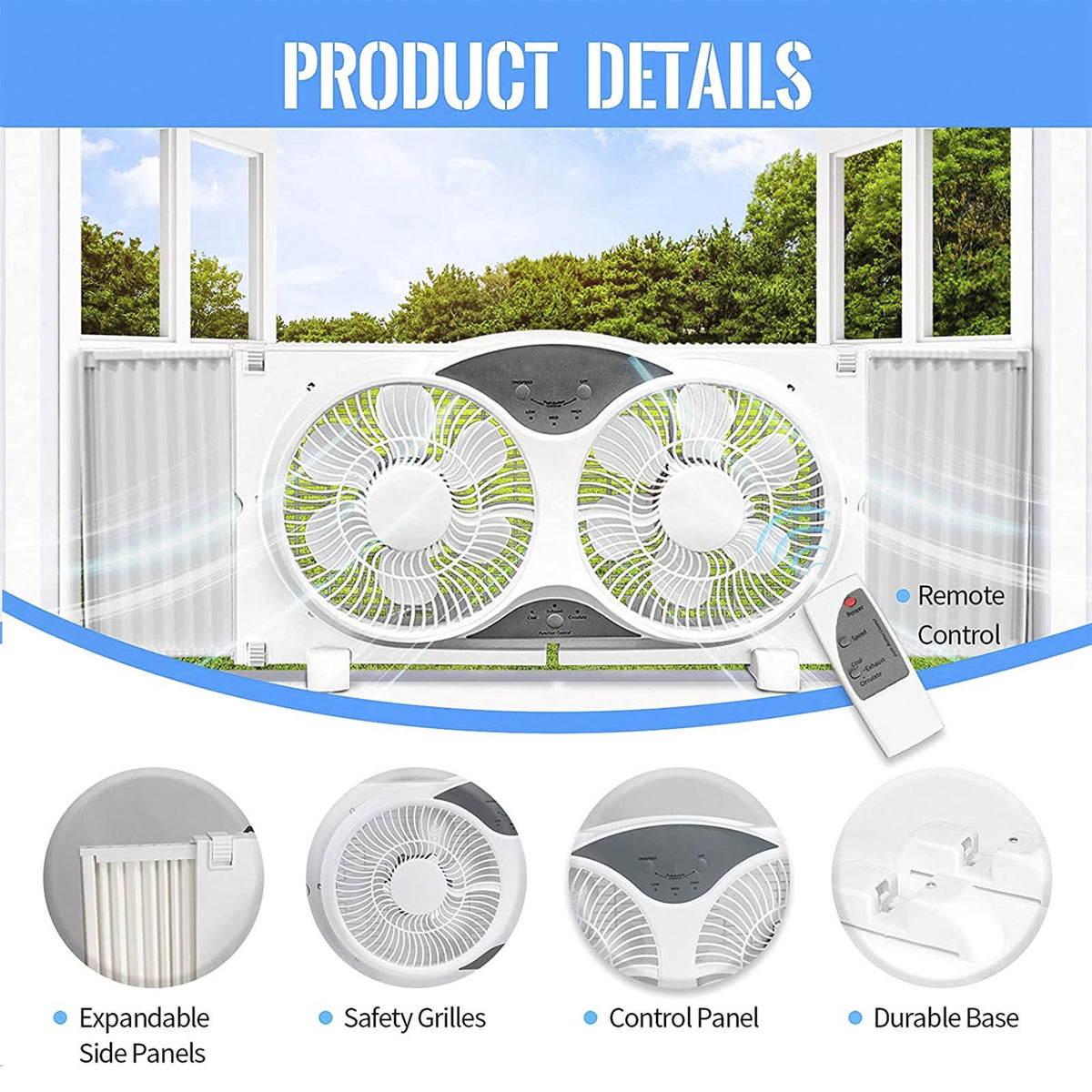 Twin Window Fan 9 Inch Dual Fan with Expanders 3-Speed Remote or Manual Control for Home Kitchen Bedroom Office