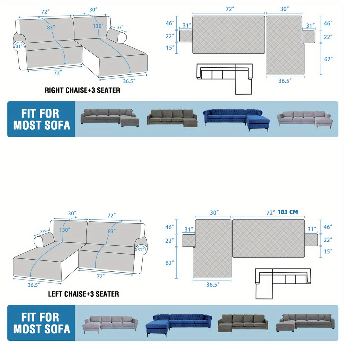 L-Shaped Sectional Sofa Cover 100% Liquid-Resistant Couch Slipcover with Non-Slip Straps for Dogs Cats Pets Left Right Chaise