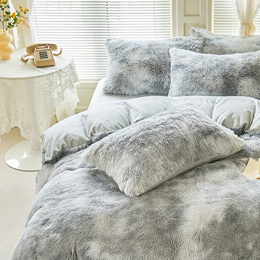 3-Piece Tie-Dye Long Plush Duvet Cover Set 1 Duvet Cover + 2 Pillowcases Zip Closure Machine Washable All-Season Elegant Bedroom Pink Khaki Light Gray Twin Full Queen King