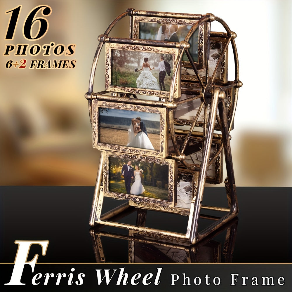 Rotating Ferris Wheel Photo Frame Vintage – 8 Slots for 4-Inch Photos, Spinning Desk Display, ABS Plastic, Unique Gift for Valentine’s Day, Birthday & Christmas, Living Room & Bedroom Decor