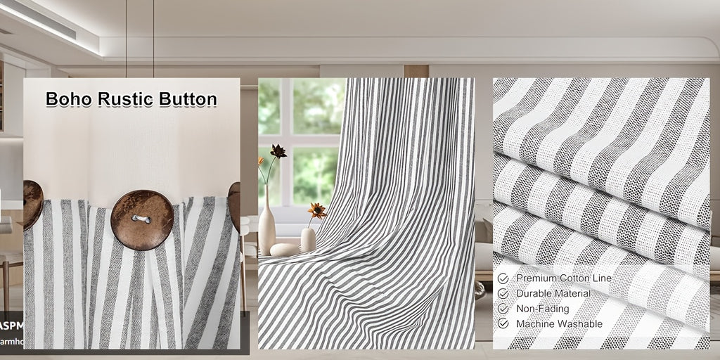 Bohemian Semi-Sheer Linen Cotton Curtains Grommet Top – Patchwork Country Cottage Window Drapes, 1 or 2 Panels, All Season, Bedroom Living Room Kitchen Bathroom Cafe Decor | Blue Green Dark Blue