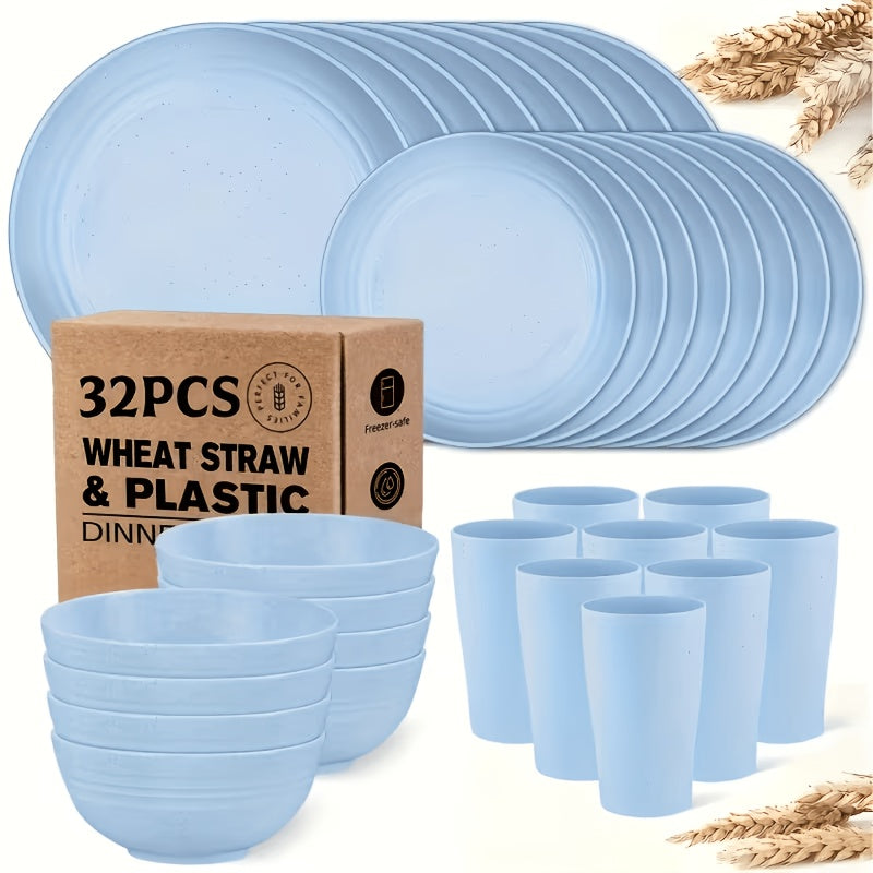 16 or 32pcs Wheat Straw Dinnerware Set Plates and Bowls Microwave Dishwasher Safe Durable Plastic Tableware for 8 – Party Gifts Multiple Colors
