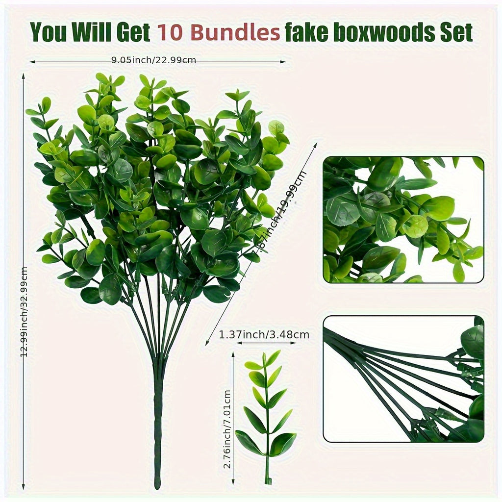 Artificial Boxwood Shrubs 10 Bundles UV Resistant – Realistic Faux Hedge Greenery for Garden, Patio, Backyard, Home & Office – Low Maintenance Boxwood Stems for Weddings & Outdoor Decor