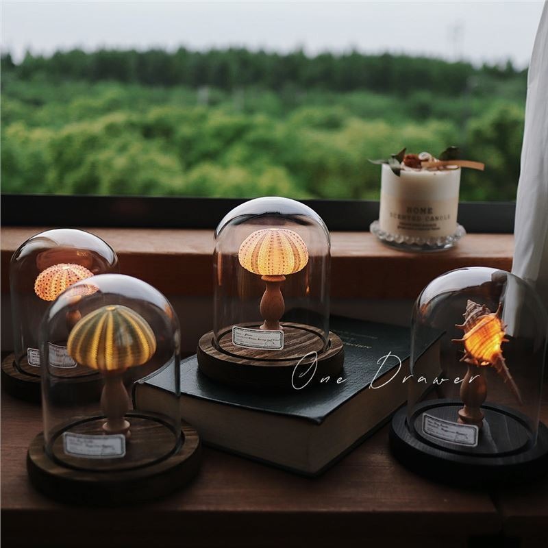 Handmade Sea Urchin Night Light Shell Lamp Ornament - Ocean Island Retro Coastal Decor, Unique Bedroom Bedside Table Lamp Gift, Powder Green Purple