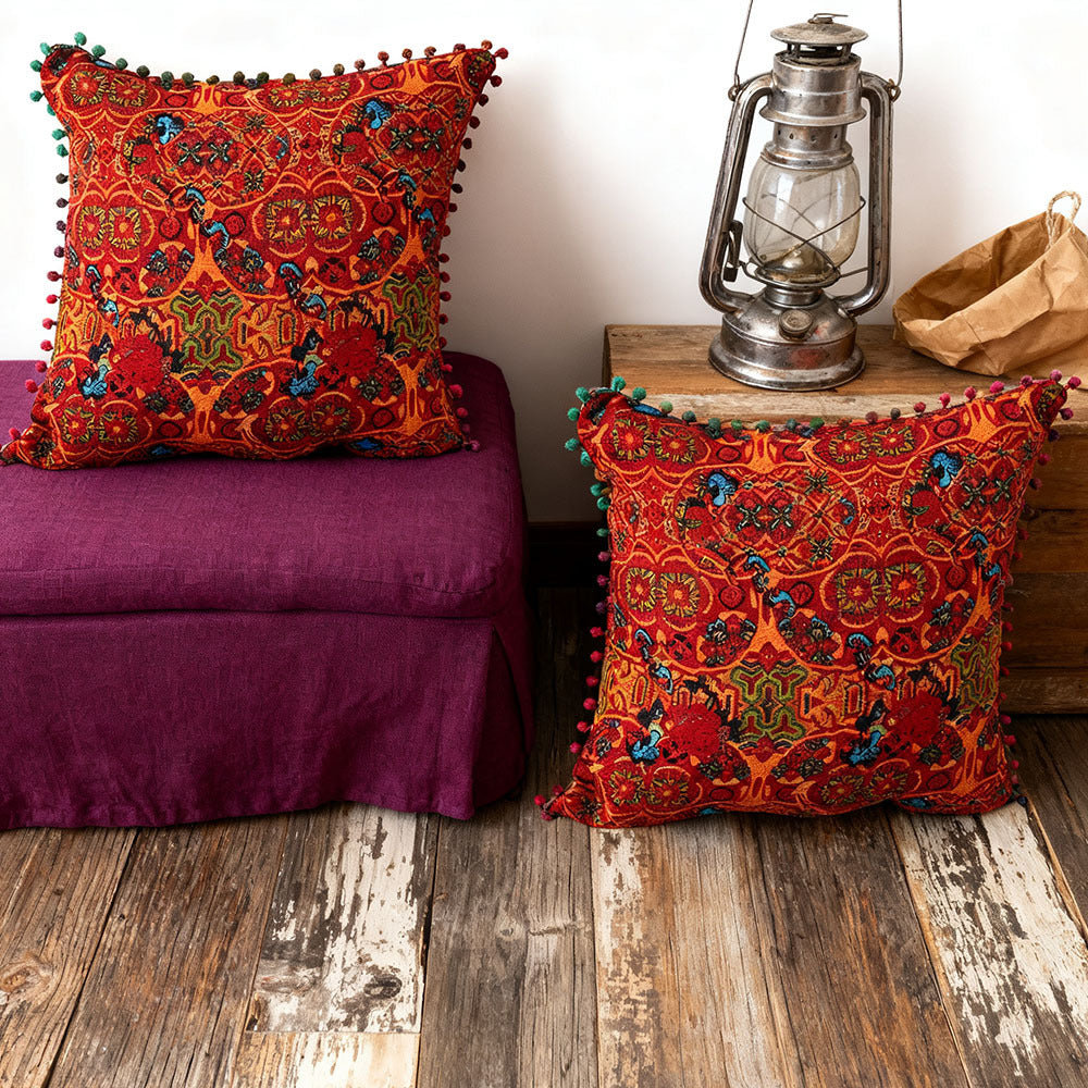 2-Pack Turkish Moroccan Throw Pillows with Inserts Reversible Floral Boho Decorative Pillow 18x18 Inch Polyester Square Cushion Zip Cover for Sofa Couch Bedroom Living Room 7 Colors