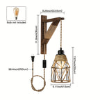 Plug-In Wall Sconces Farmhouse Rustic Metal Cage with Wooden Bracket – Hanging Lamps That Plug Into Wall Outlet for Bedroom, Living Room & Headboard – 1 or 2 Pack