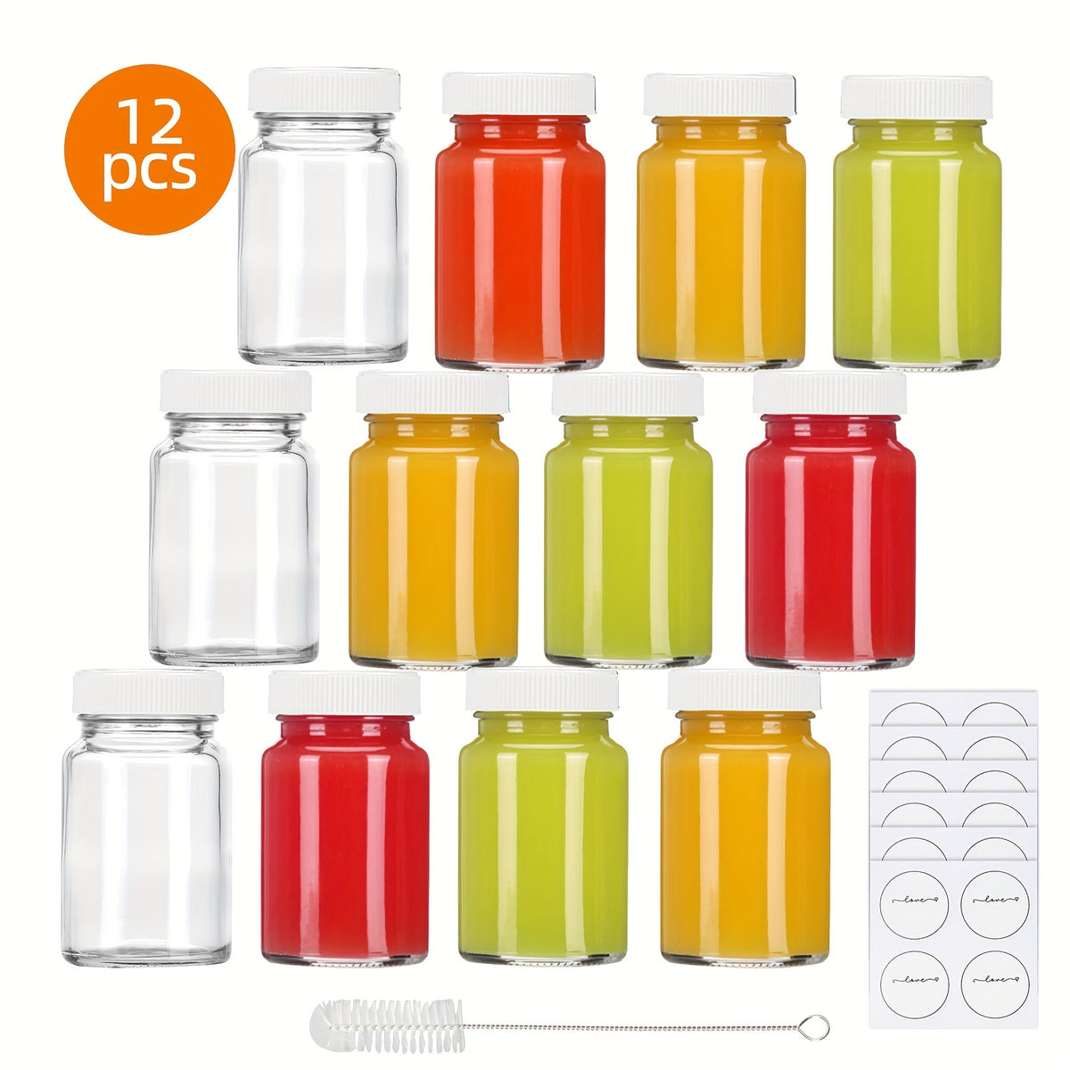 2oz Glass Shot Bottles with Caps 12/24 Pack – Mini Ginger Shot Juice Bottles with Lids, Waterproof Stickers & Brush, Potion Oil Party Mugs, 1.8x2.95 Inch