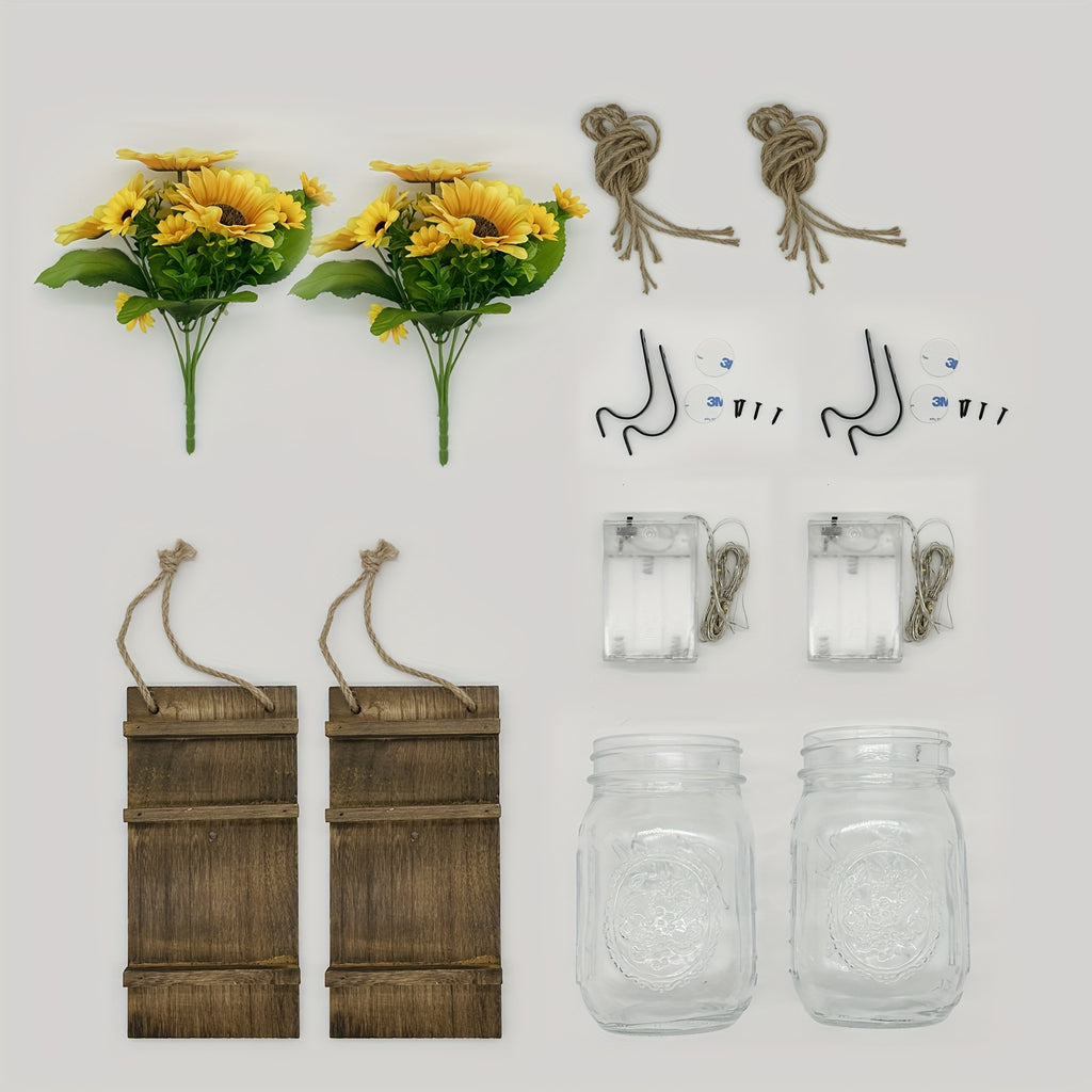 Sunflower Mason Jar Wall Lamp Set of 2 – DIY Artificial Flower Night Light Atmosphere Lamp for Party, Holiday & Home Decoration