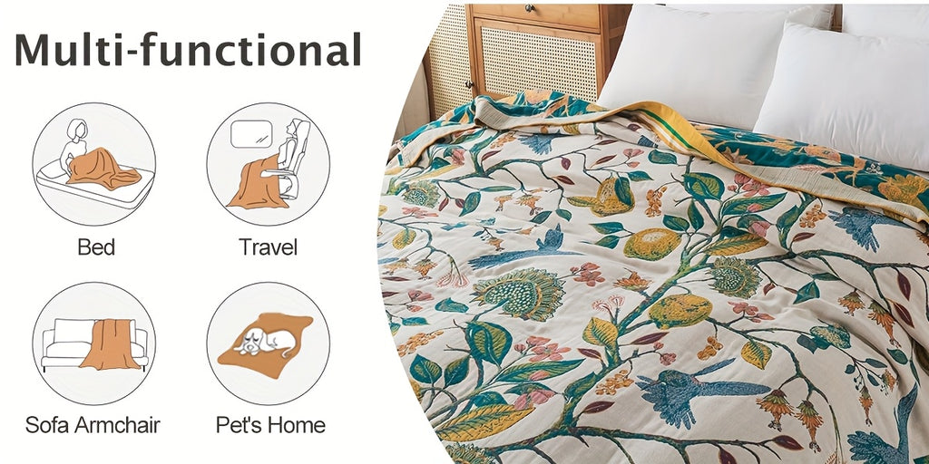 Boho Cotton Throw Blanket Twin Queen King – 100% Cotton Soft Luxury Reversible Quilt, Floral Lemon Print Farmhouse Bohemian Bed Blanket for All Seasons
