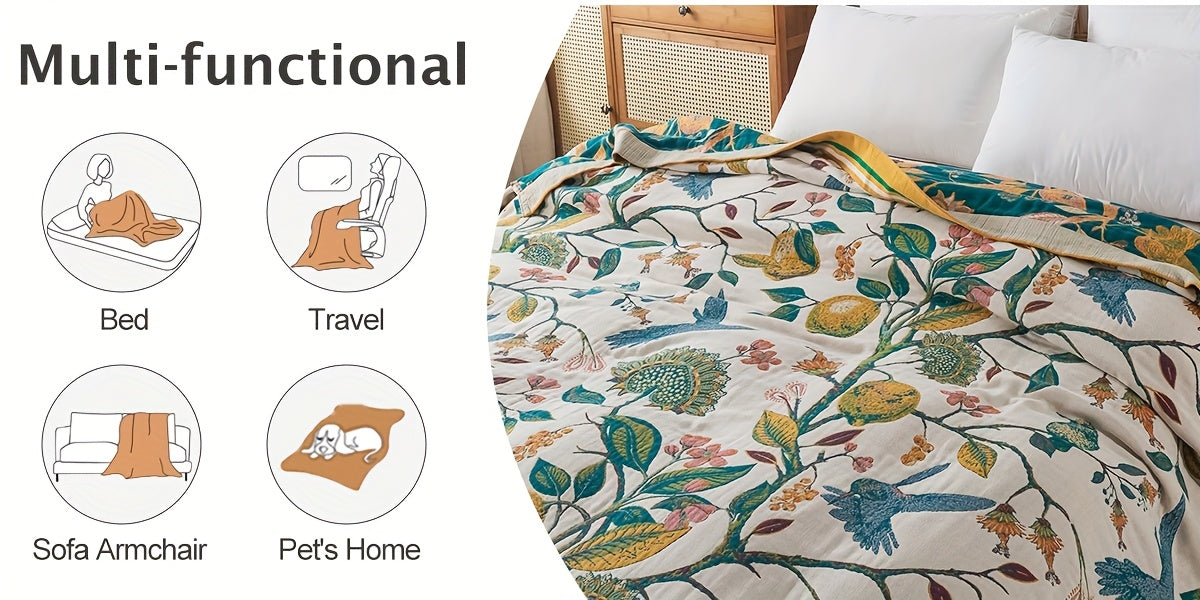 Boho Cotton Throw Blanket Twin Queen King – 100% Cotton Soft Luxury Reversible Quilt, Floral Lemon Print Farmhouse Bohemian Bed Blanket for All Seasons