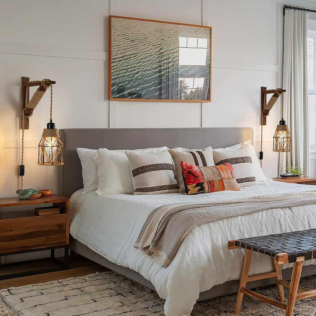 Plug-In Wall Sconces Farmhouse Rustic Metal Cage with Wooden Bracket – Hanging Lamps That Plug Into Wall Outlet for Bedroom, Living Room & Headboard – 1 or 2 Pack