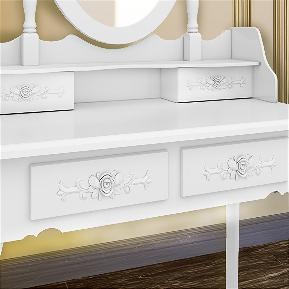 Vanity Desk with Mirror and 4 Drawers 360° Rotating Detachable Dressing Table with Stool – Modern White Makeup Table for Bedroom