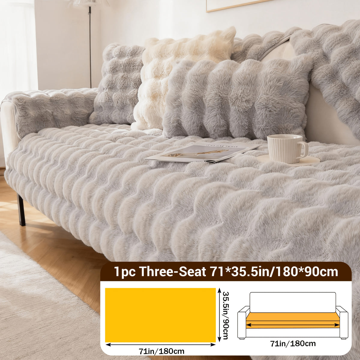 Bubble Faux Rabbit Fur Sofa Cover Non-Slip Stretchable 3/4 Seat Slipcover – Silicone Grip Breathable Furniture Protector for Living Room, Bed & Dorm, Machine Washable in Beige, Dark Grey & Khaki