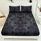 Gothic Skull Fitted Sheet Set 3-Piece – Victorian Baroque Black & Gray Skull Pattern, Deep Pocket 15", Machine Washable Hypoallergenic Bedding, Twin Full Queen King